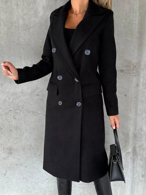 Long-sleeved Double-breasted Pockets - Mid-length elegant Solid Colour