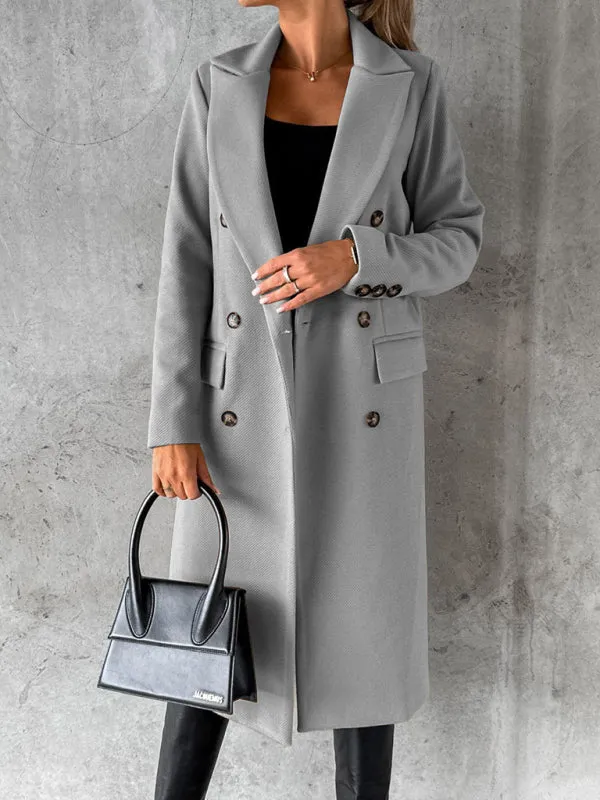 Long-sleeved Double-breasted Pockets - Mid-length elegant Solid Colour
