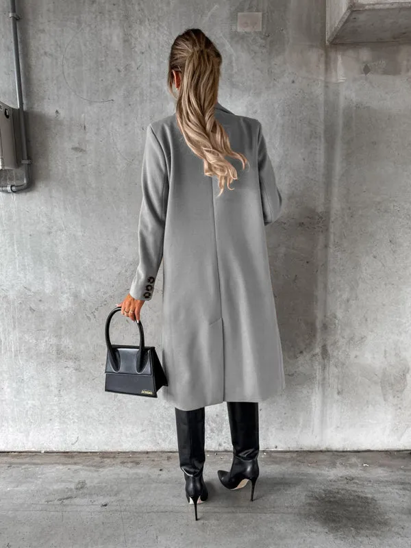 Long-sleeved Double-breasted Pockets - Mid-length elegant Solid Colour