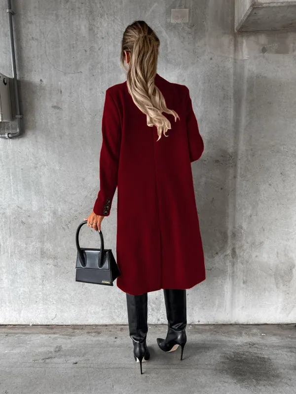 Long-sleeved Double-breasted Pockets - Mid-length elegant Solid Colour