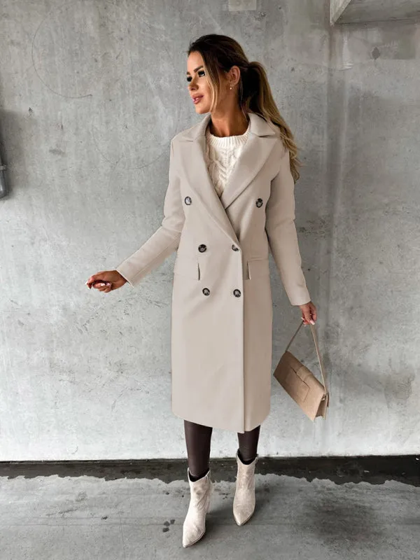 Long-sleeved Double-breasted Pockets - Mid-length elegant Solid Colour
