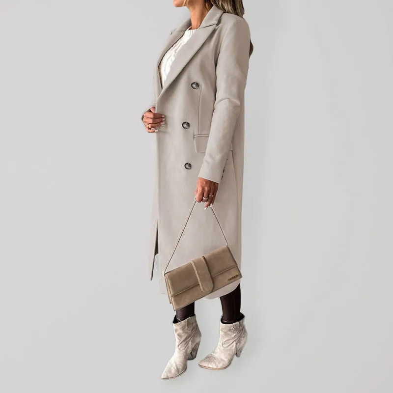 Long-sleeved Double-breasted Pockets - Mid-length elegant Solid Colour