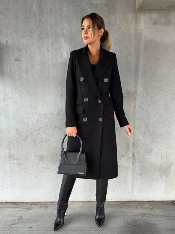 Long-sleeved Double-breasted Pockets - Mid-length elegant Solid Colour