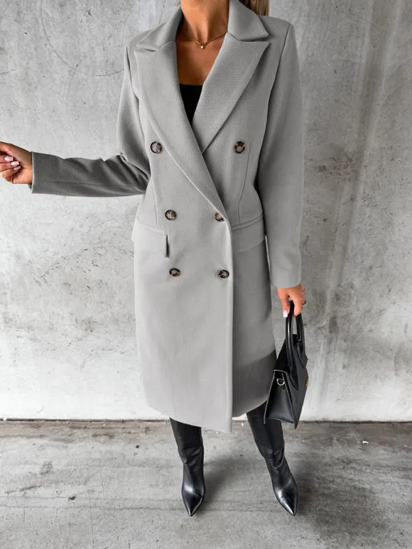 Long-sleeved Double-breasted Pockets - Mid-length elegant Solid Colour