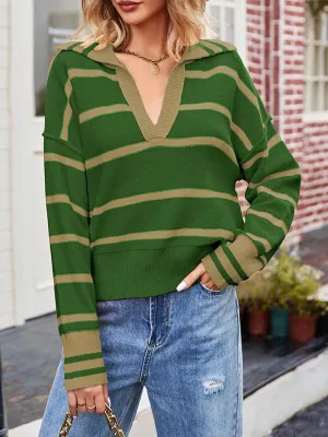 Long Sleeves Loose Contrast Color Split-Joint Striped V-Neck Pullovers Sweater Tops