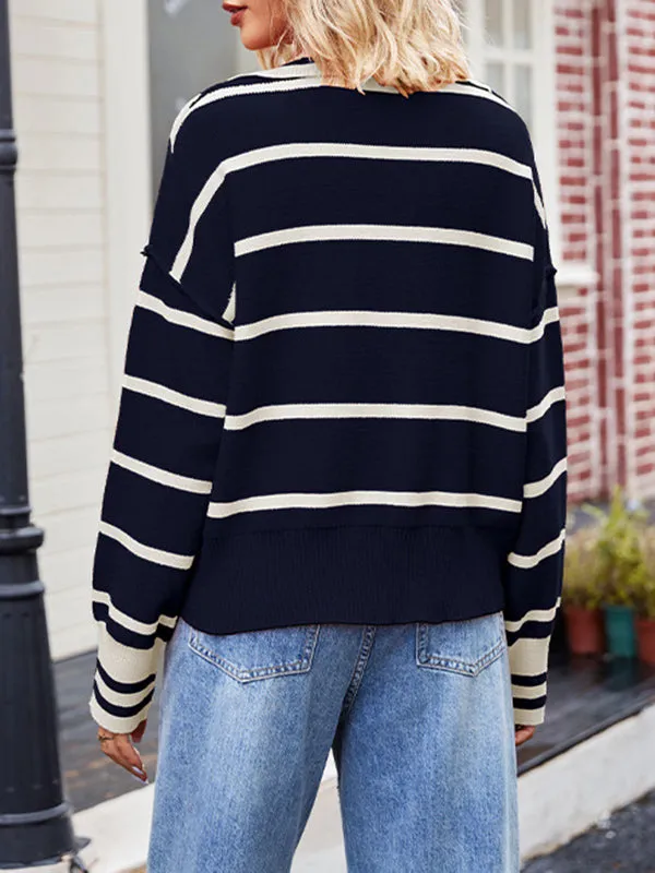 Long Sleeves Loose Contrast Color Split-Joint Striped V-Neck Pullovers Sweater Tops