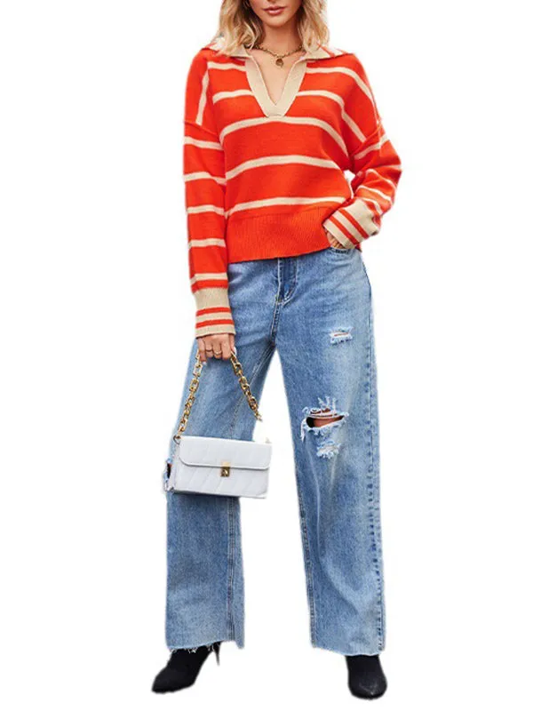 Long Sleeves Loose Contrast Color Split-Joint Striped V-Neck Pullovers Sweater Tops
