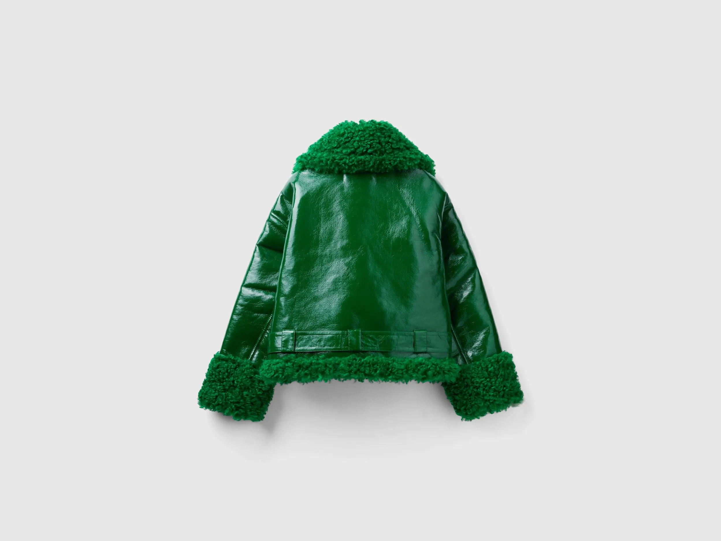 Loose Fit Lapel Neck Faux Fur Inside Green Imitation Leather Jacket