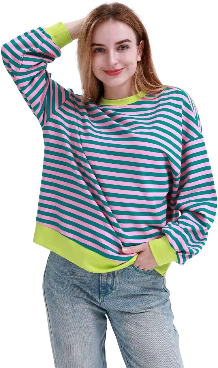 MAGICMK Womens Oversized Sweatshirt Long Sleeve Striped Crewneck Hoodies Shirts Trend Preppy Fall Women pullover tops
