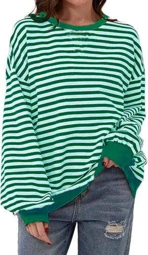 MAGICMK Womens Oversized Sweatshirt Long Sleeve Striped Crewneck Hoodies Shirts Trend Preppy Fall Women pullover tops