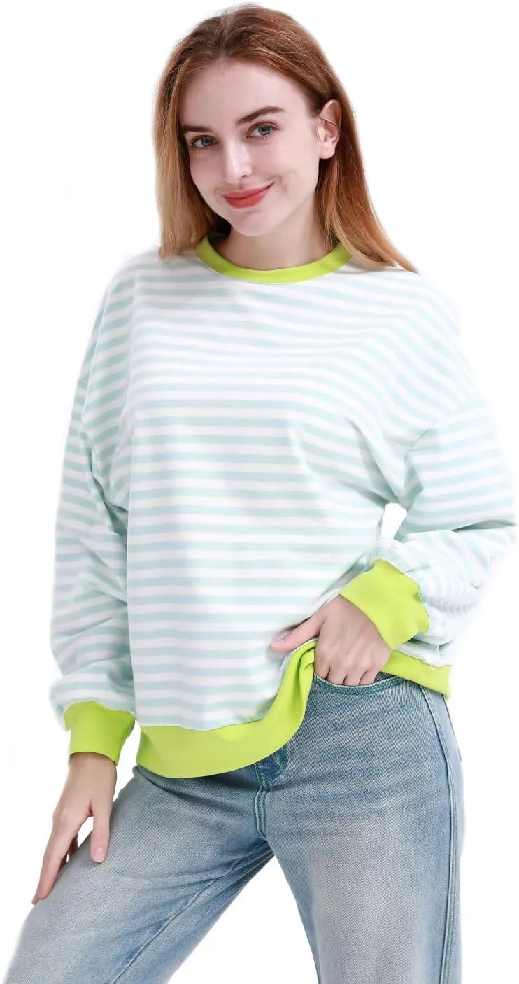 MAGICMK Womens Oversized Sweatshirt Long Sleeve Striped Crewneck Hoodies Shirts Trend Preppy Fall Women pullover tops