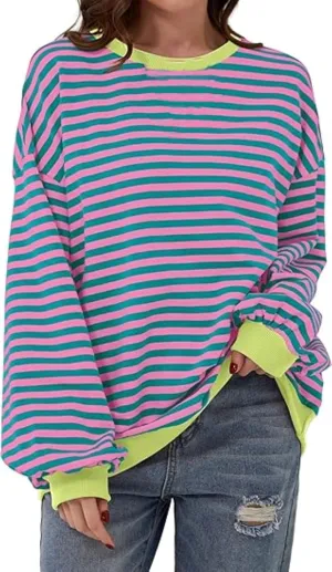 MAGICMK Womens Oversized Sweatshirt Long Sleeve Striped Crewneck Hoodies Shirts Trend Preppy Fall Women pullover tops