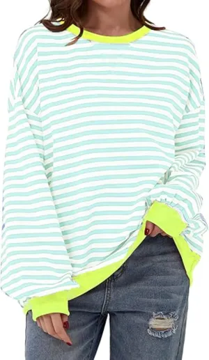 MAGICMK Womens Oversized Sweatshirt Long Sleeve Striped Crewneck Hoodies Shirts Trend Preppy Fall Women pullover tops