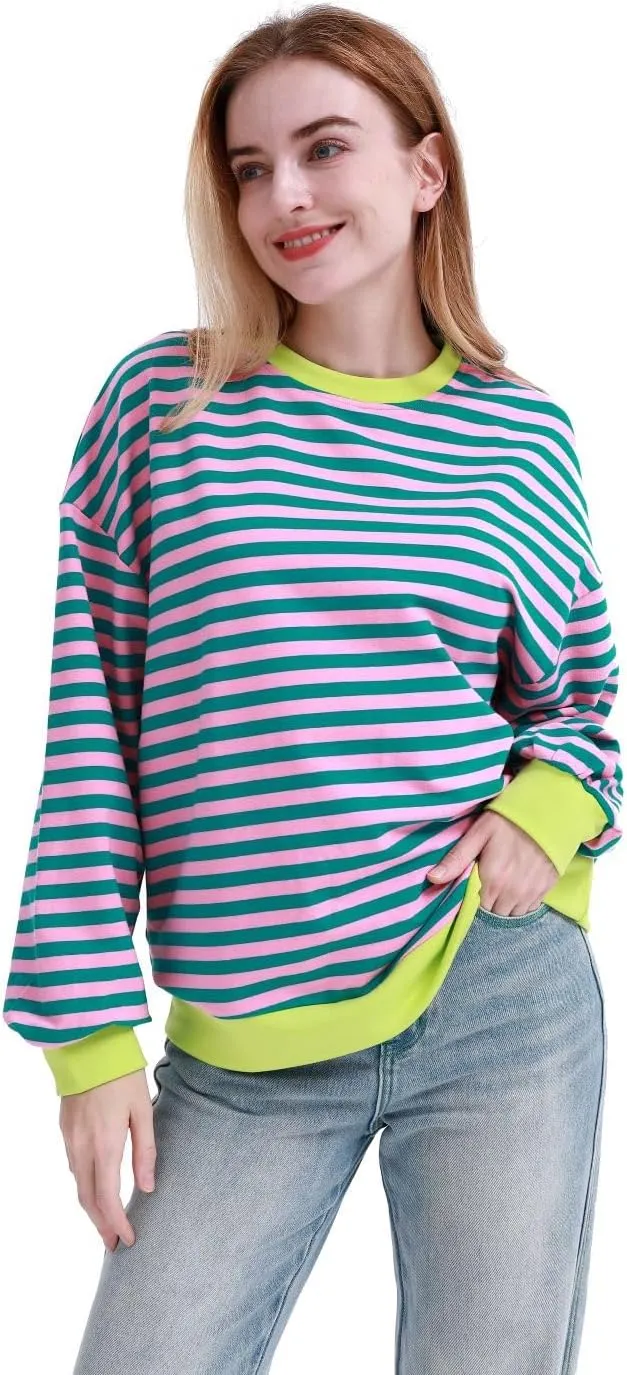 MAGICMK Womens Oversized Sweatshirt Long Sleeve Striped Crewneck Hoodies Shirts Trend Preppy Fall Women pullover tops