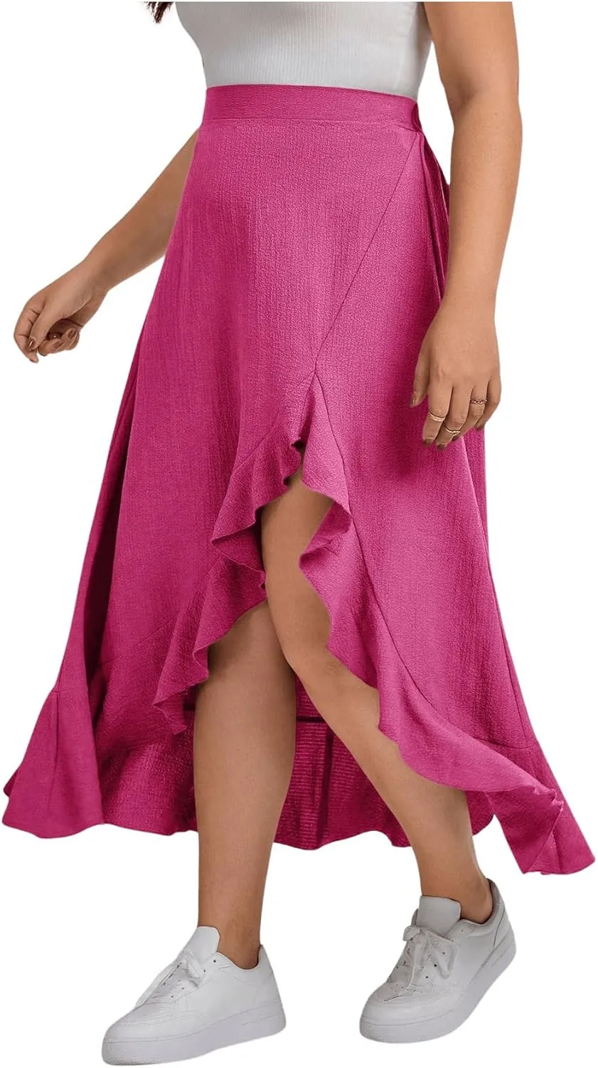 MakeMeChic Women's Plus Size Casual Ruffle Swing Skirt High Waisted High Low Hem Maxi Long Skirts