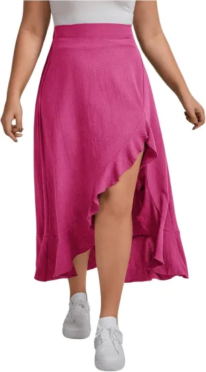 MakeMeChic Women's Plus Size Casual Ruffle Swing Skirt High Waisted High Low Hem Maxi Long Skirts