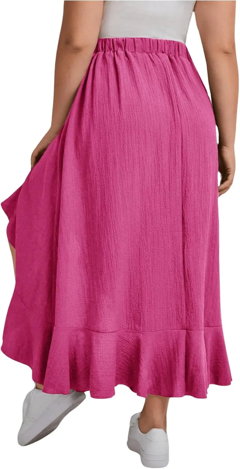 MakeMeChic Women's Plus Size Casual Ruffle Swing Skirt High Waisted High Low Hem Maxi Long Skirts