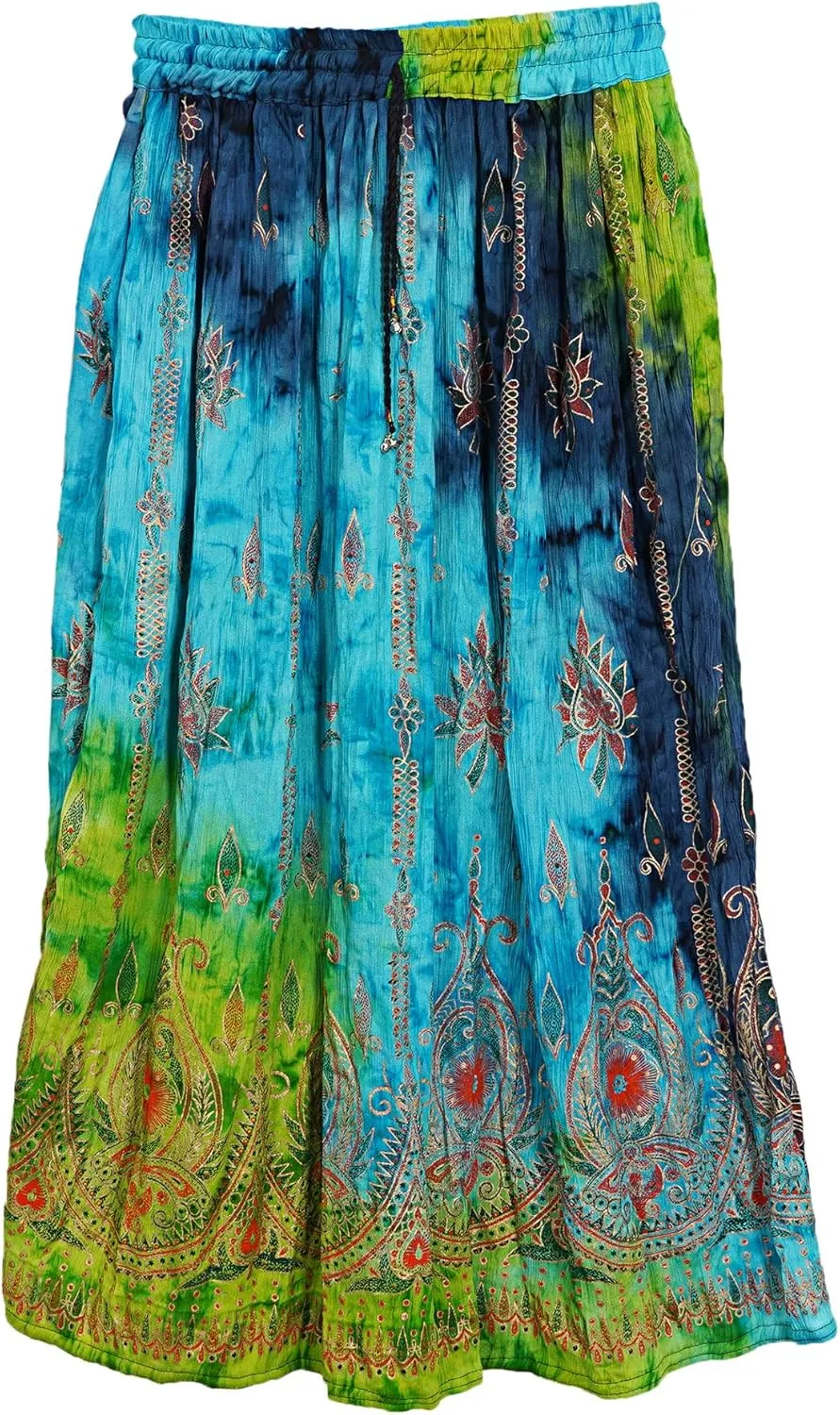 Marubhumi Indian Tie Dye Yoga Trend Women's Sequined Crinkle Broomstick Gypsy Long Skirt