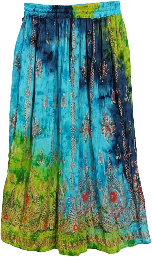 Marubhumi Indian Tie Dye Yoga Trend Women's Sequined Crinkle Broomstick Gypsy Long Skirt