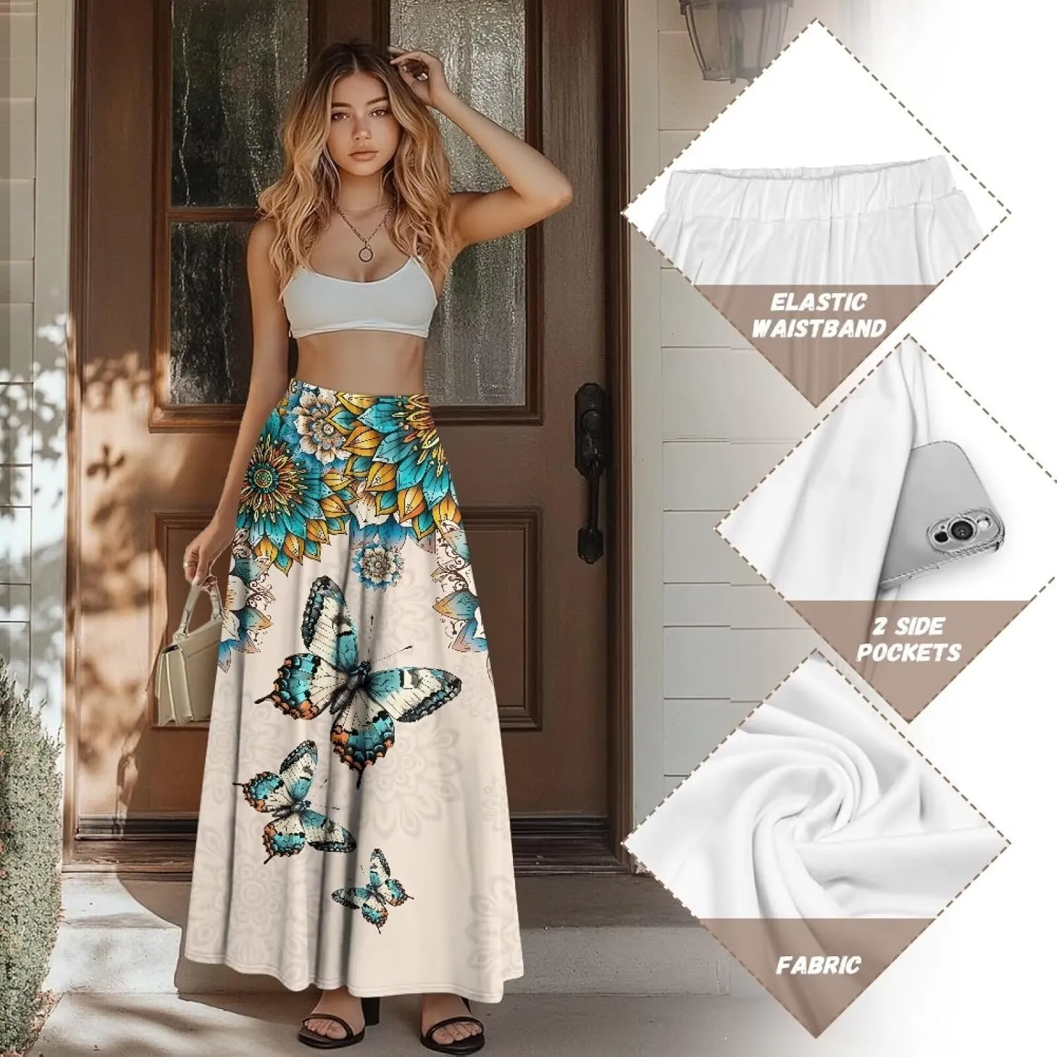 Maxi Skirts for Women Flowy Autumn Skirts with Pockets Pleated Skirt High Waisted Midi Long Skirt Reg and Plus Size S-XXL