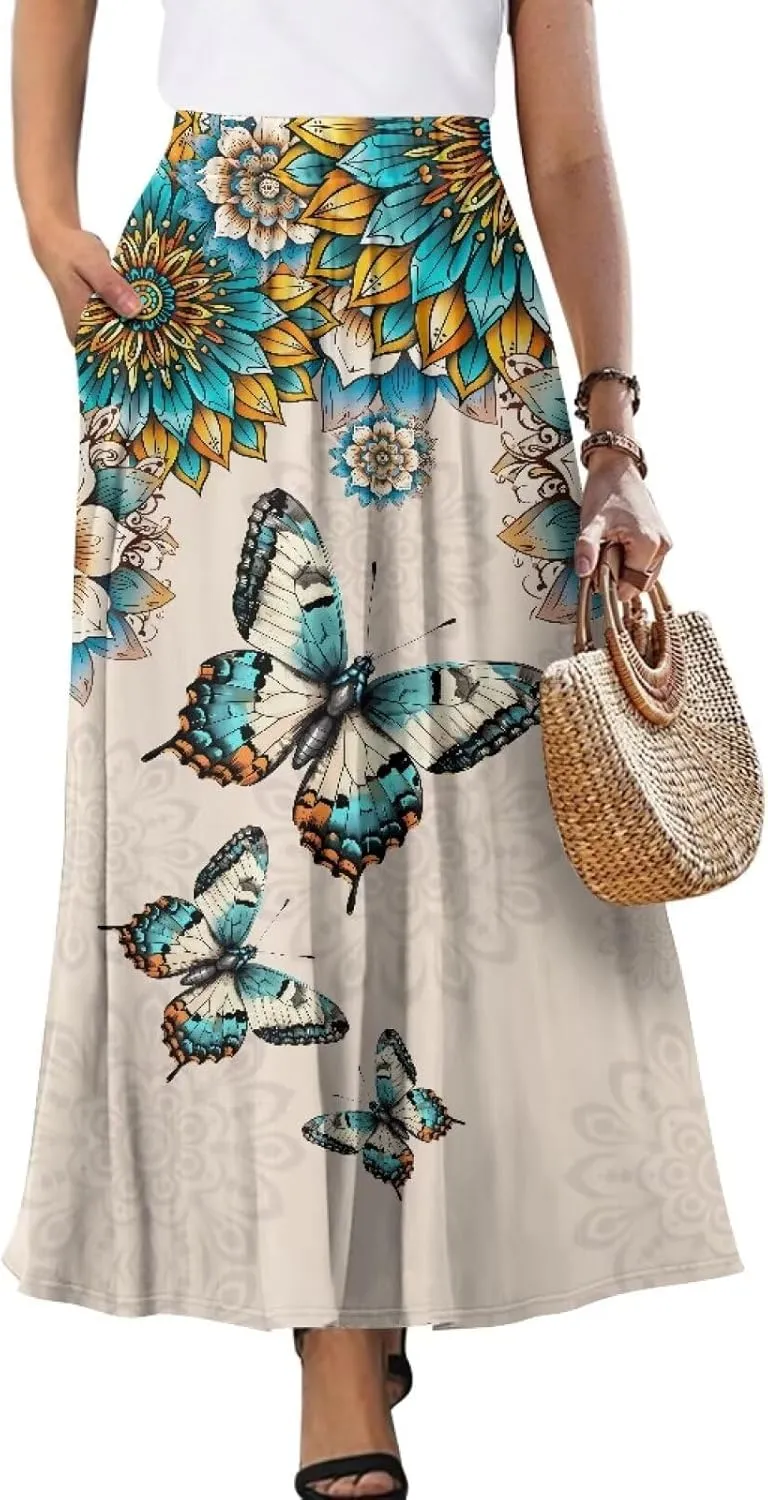 Maxi Skirts for Women Flowy Autumn Skirts with Pockets Pleated Skirt High Waisted Midi Long Skirt Reg and Plus Size S-XXL