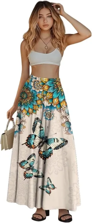 Maxi Skirts for Women Flowy Autumn Skirts with Pockets Pleated Skirt High Waisted Midi Long Skirt Reg and Plus Size S-XXL