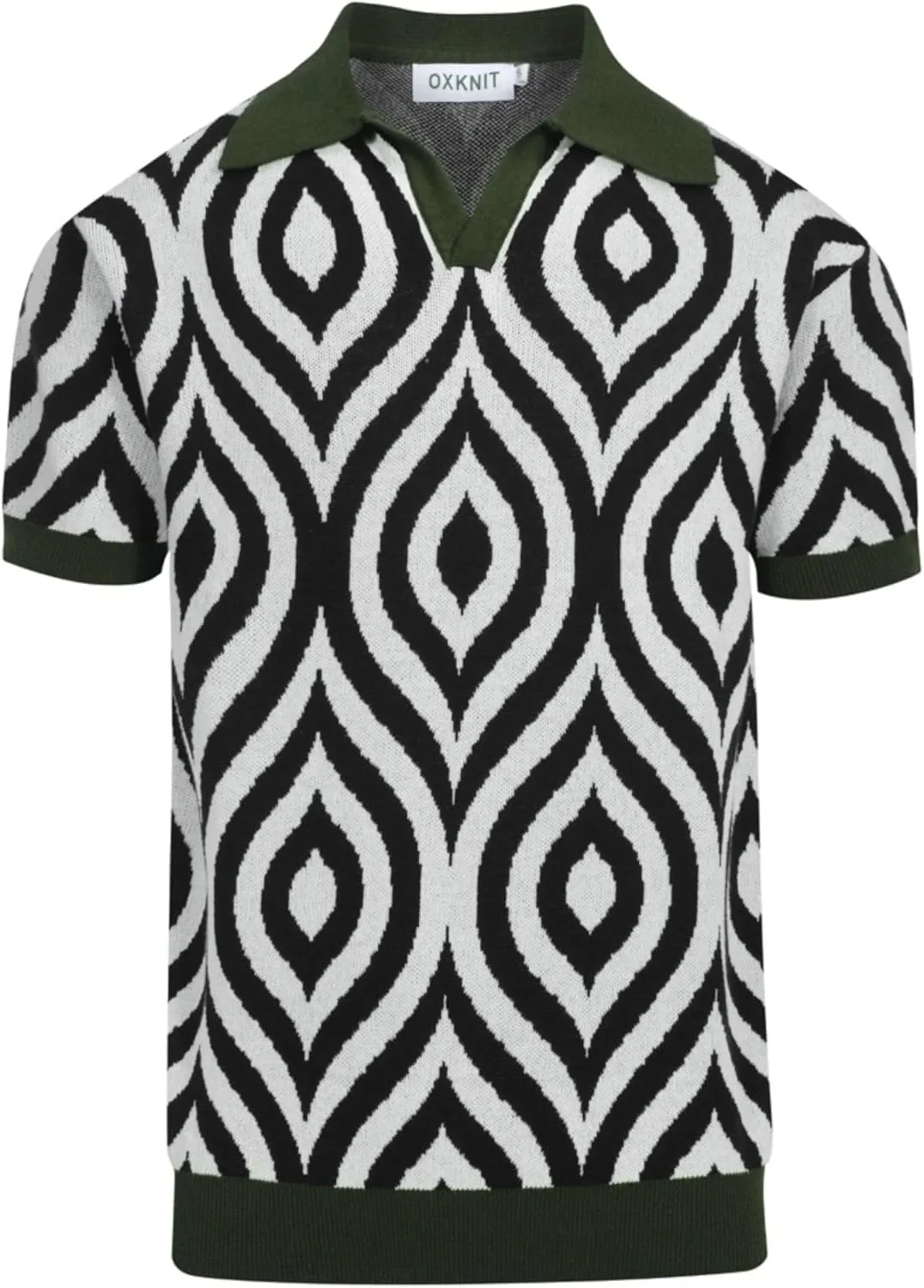 Men's Knitted Retro Poloshirt, 1960s Mod Style Vintage Pattern Short Sleeve Shirt V-Neck Black White