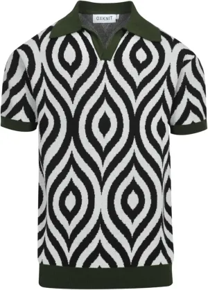 Men's Knitted Retro Poloshirt, 1960s Mod Style Vintage Pattern Short Sleeve Shirt V-Neck Black White