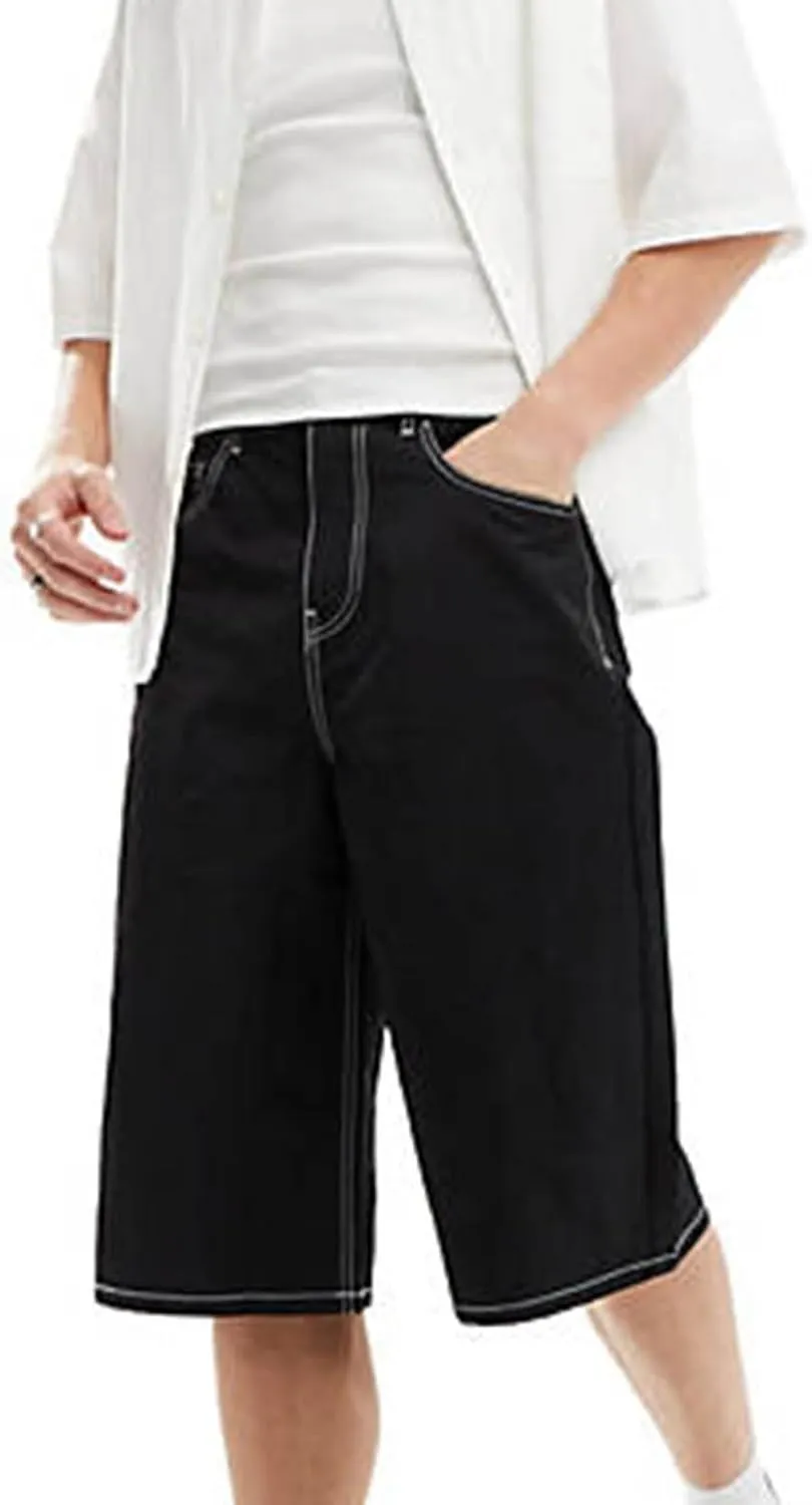 Mens Loose Denim Shorts Baggy Casual Wide Leg Mid Jean Jorts Zipper Hip Hop Shorts with Pockets Streetwear