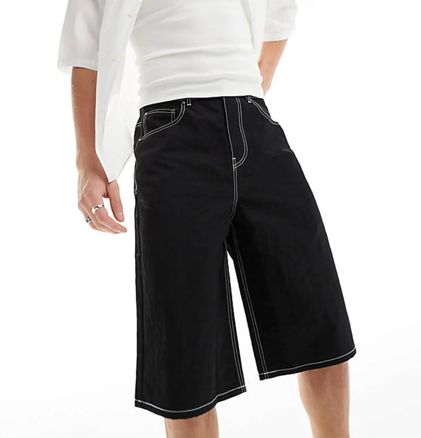Mens Loose Denim Shorts Baggy Casual Wide Leg Mid Jean Jorts Zipper Hip Hop Shorts with Pockets Streetwear