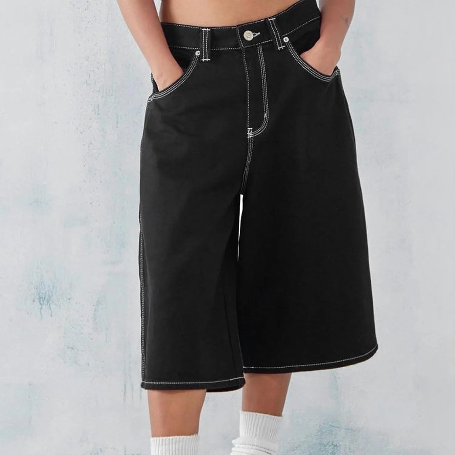 Mens Loose Denim Shorts Baggy Casual Wide Leg Mid Jean Jorts Zipper Hip Hop Shorts with Pockets Streetwear