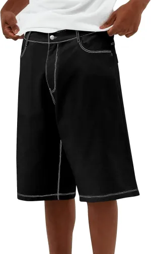Mens Loose Denim Shorts Baggy Casual Wide Leg Mid Jean Jorts Zipper Hip Hop Shorts with Pockets Streetwear