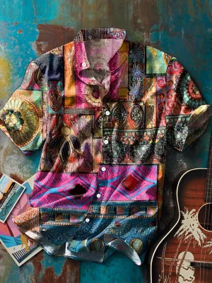 Men's Retro Ethnic Colorful Art Printed Standing Collar Short Sleeve Pocket Shirt