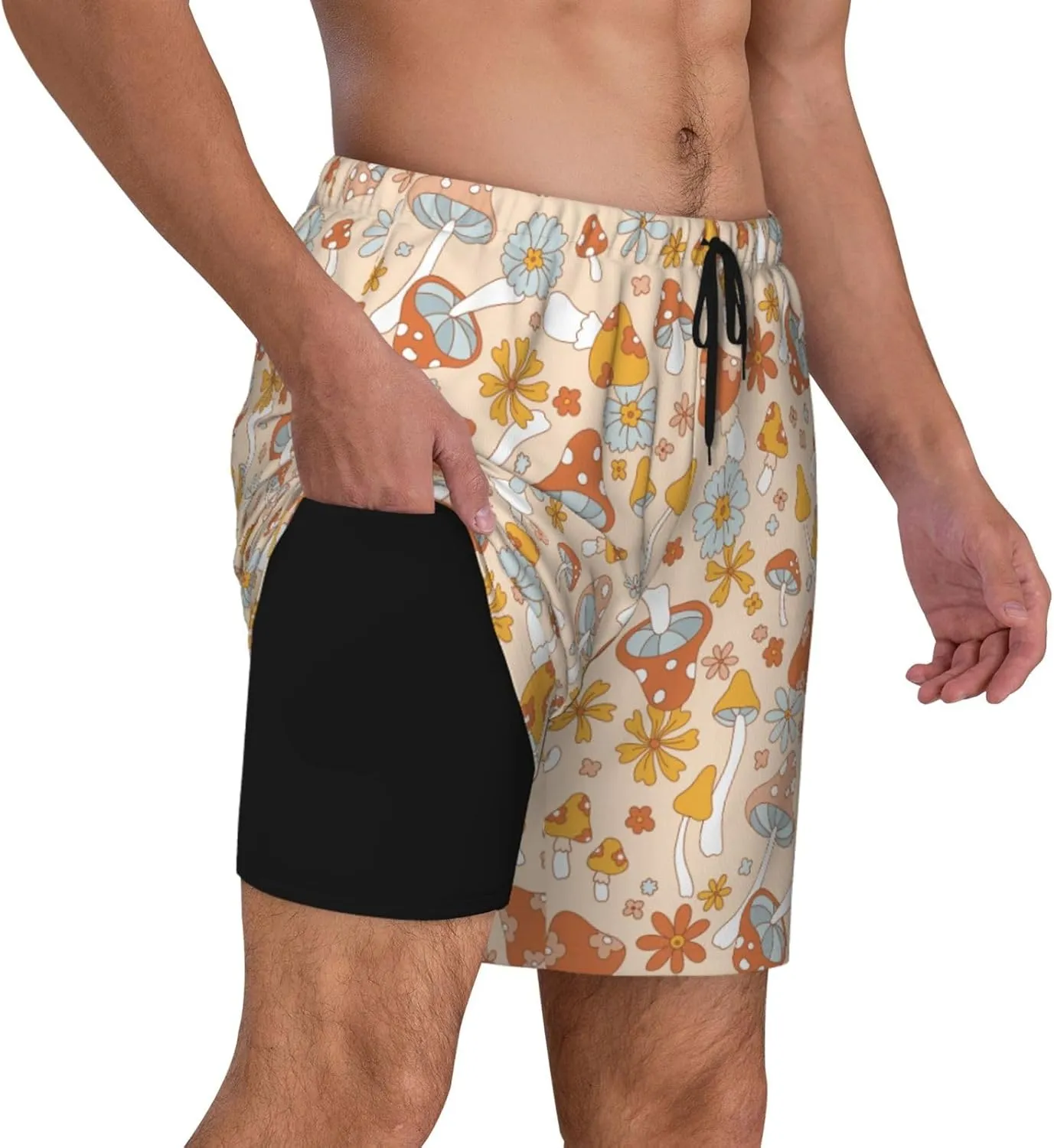 Mens Swim Trunks with Compression Liner Quick Dry Bathing Suit Stretch Swimwear Music Notes Board Shorts Beach Shorts