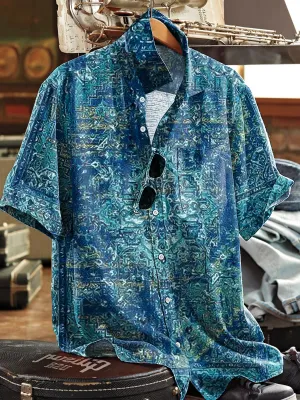 Men's Vintage Ethnic Art Print Short Sleeve Pocket Shirt