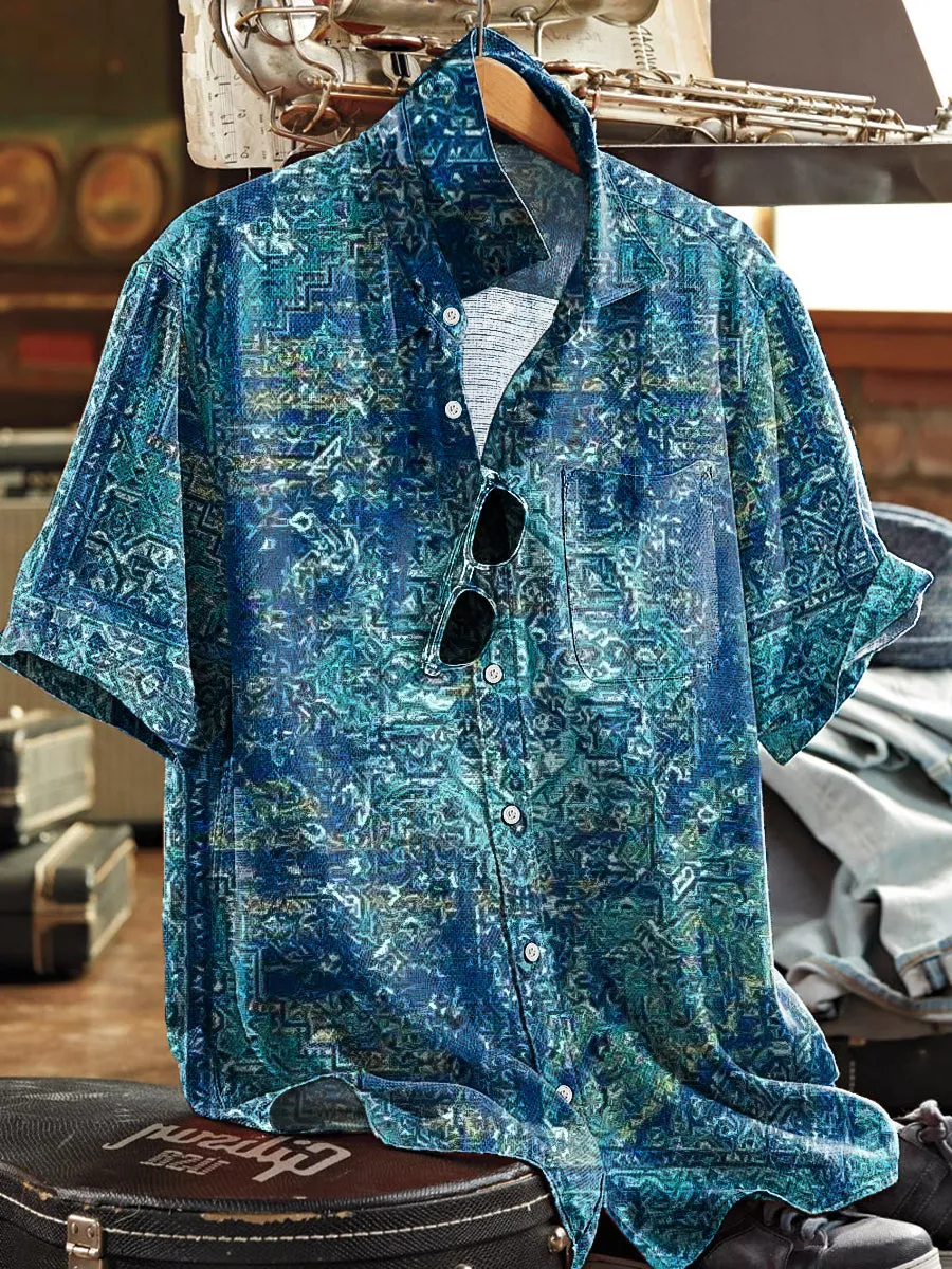 Men's Vintage Ethnic Art Print Short Sleeve Pocket Shirt