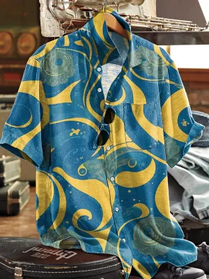 Men's Vintage Irregular Line Pattern Lapel Short Sleeve Pocket Shirt