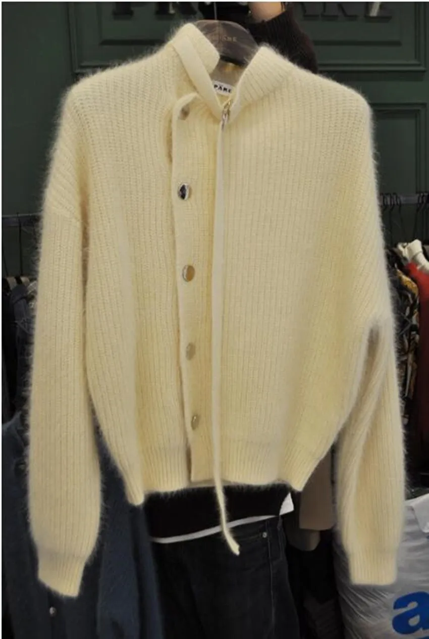 Mink Cashmere Sweater Cardigan Chic Women Single Breasted Knitted Soft Coats