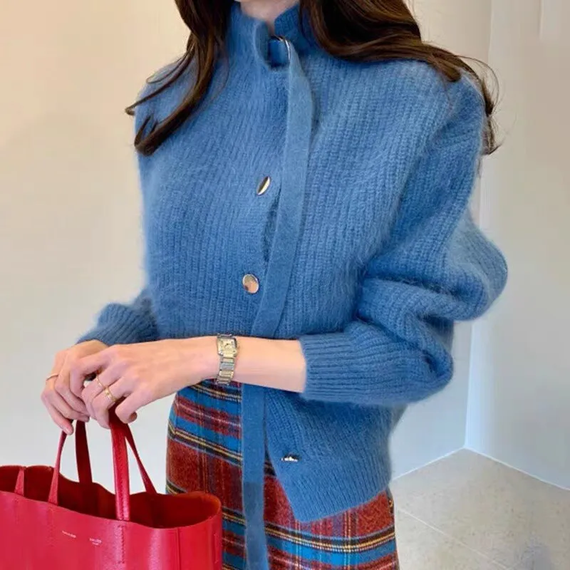 Mink Cashmere Sweater Cardigan Chic Women Single Breasted Knitted Soft Coats