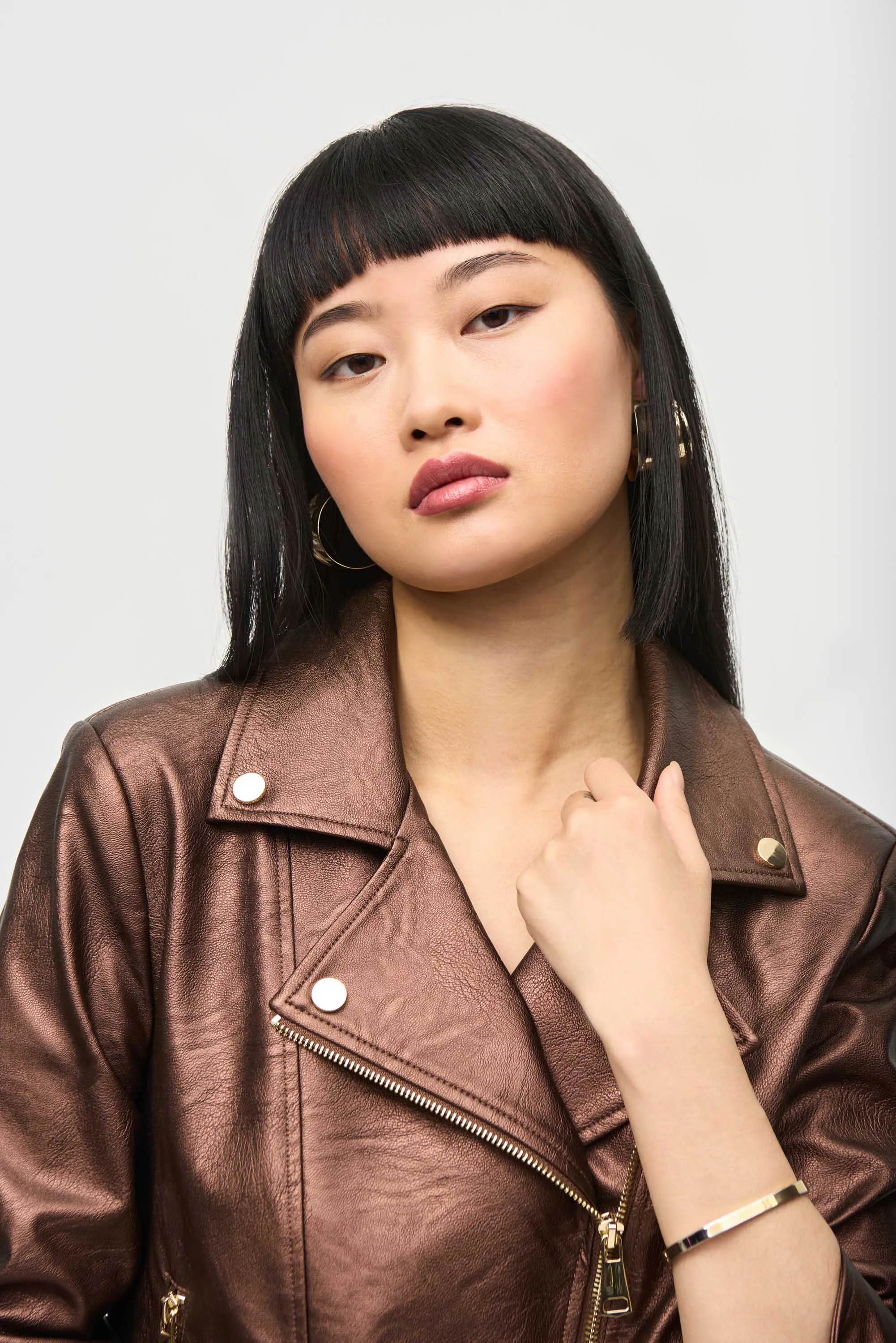 Mira Metallic Faux Leather Biker Jacket in Bronze- Joseph Ribkoff 234902F24