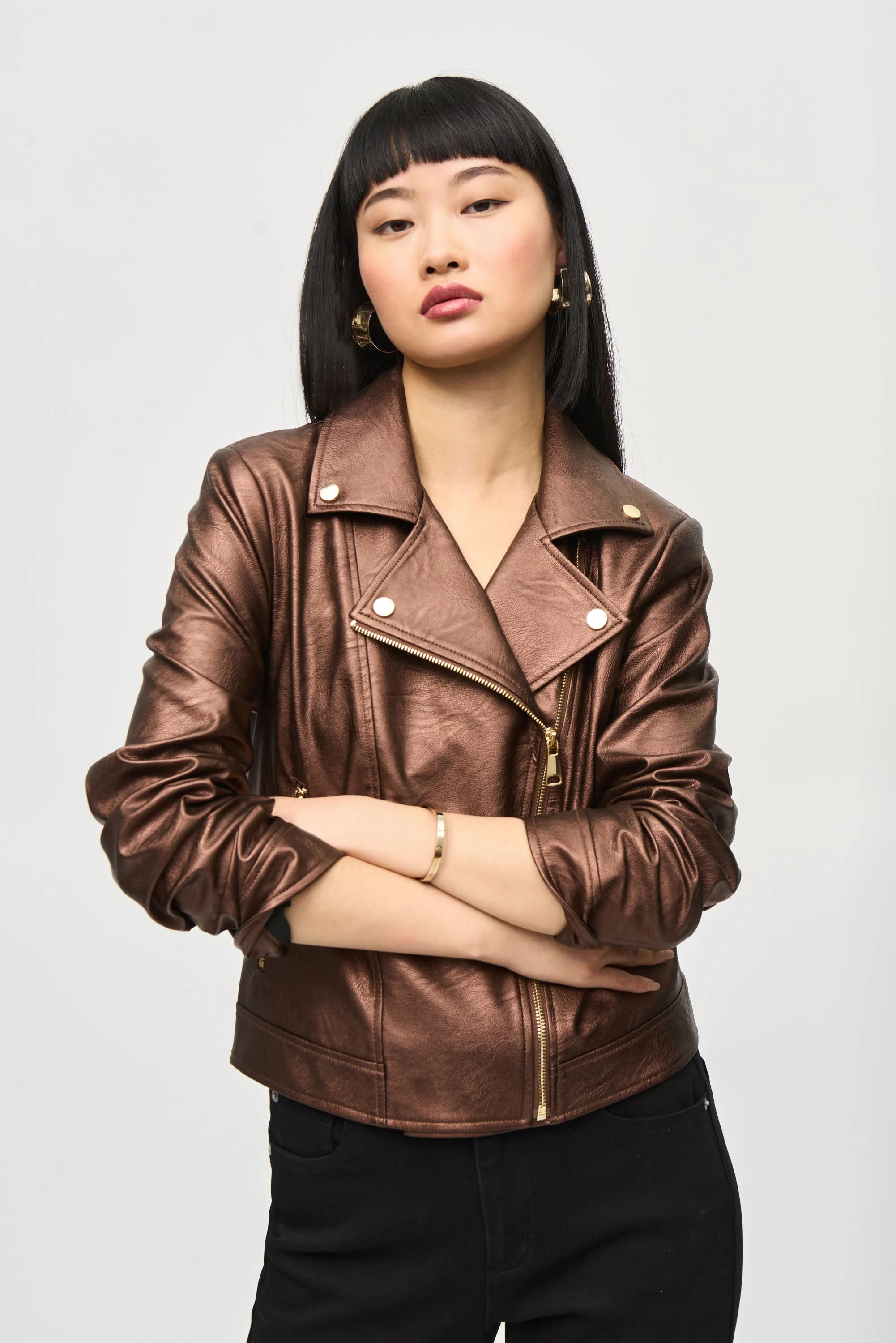 Mira Metallic Faux Leather Biker Jacket in Bronze- Joseph Ribkoff 234902F24