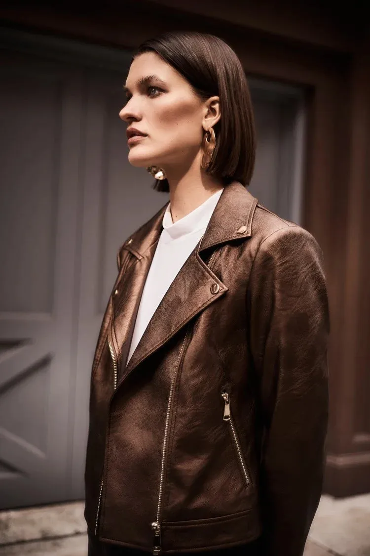 Mira Metallic Faux Leather Biker Jacket in Bronze- Joseph Ribkoff 234902F24
