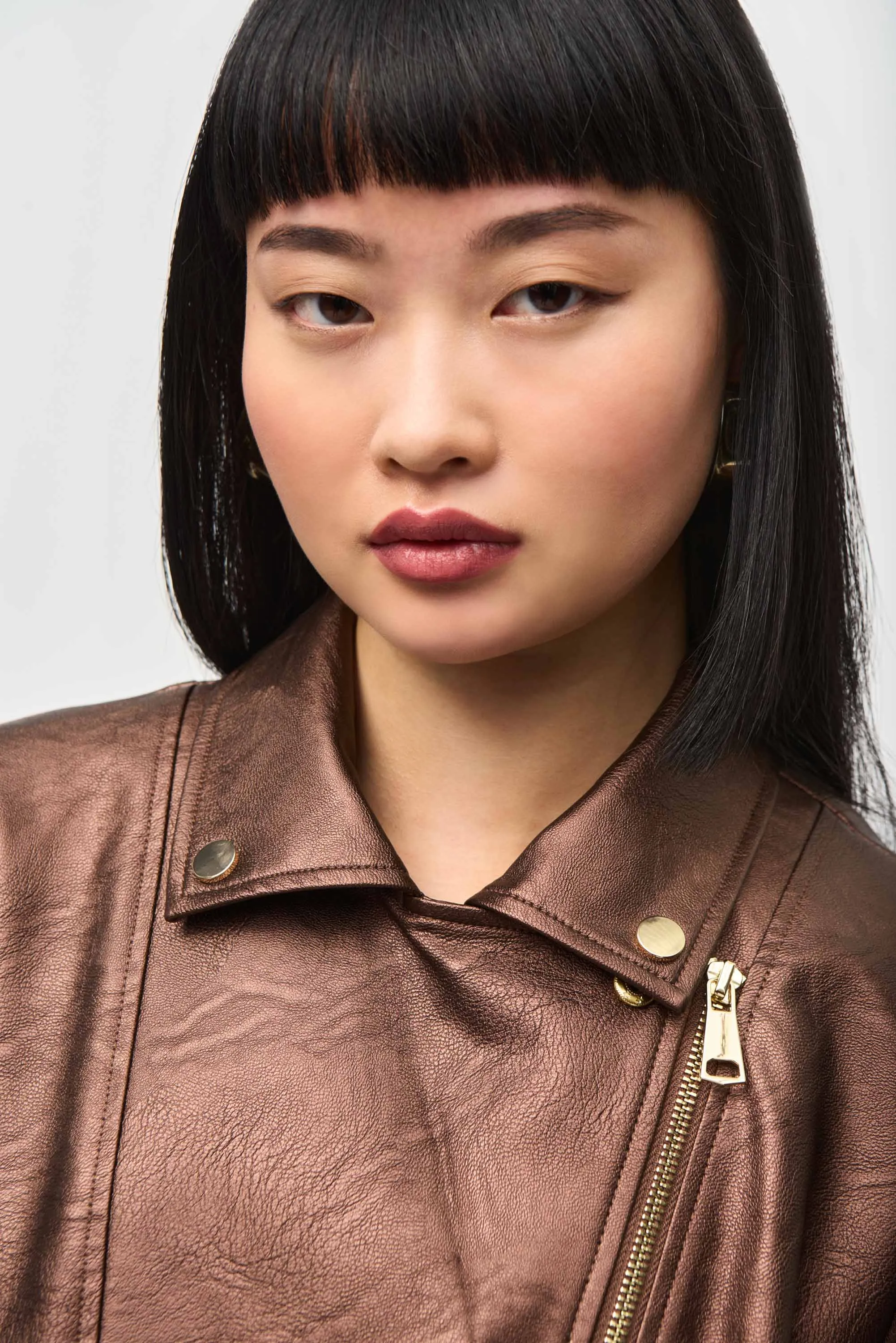 Mira Metallic Faux Leather Biker Jacket in Bronze- Joseph Ribkoff 234902F24