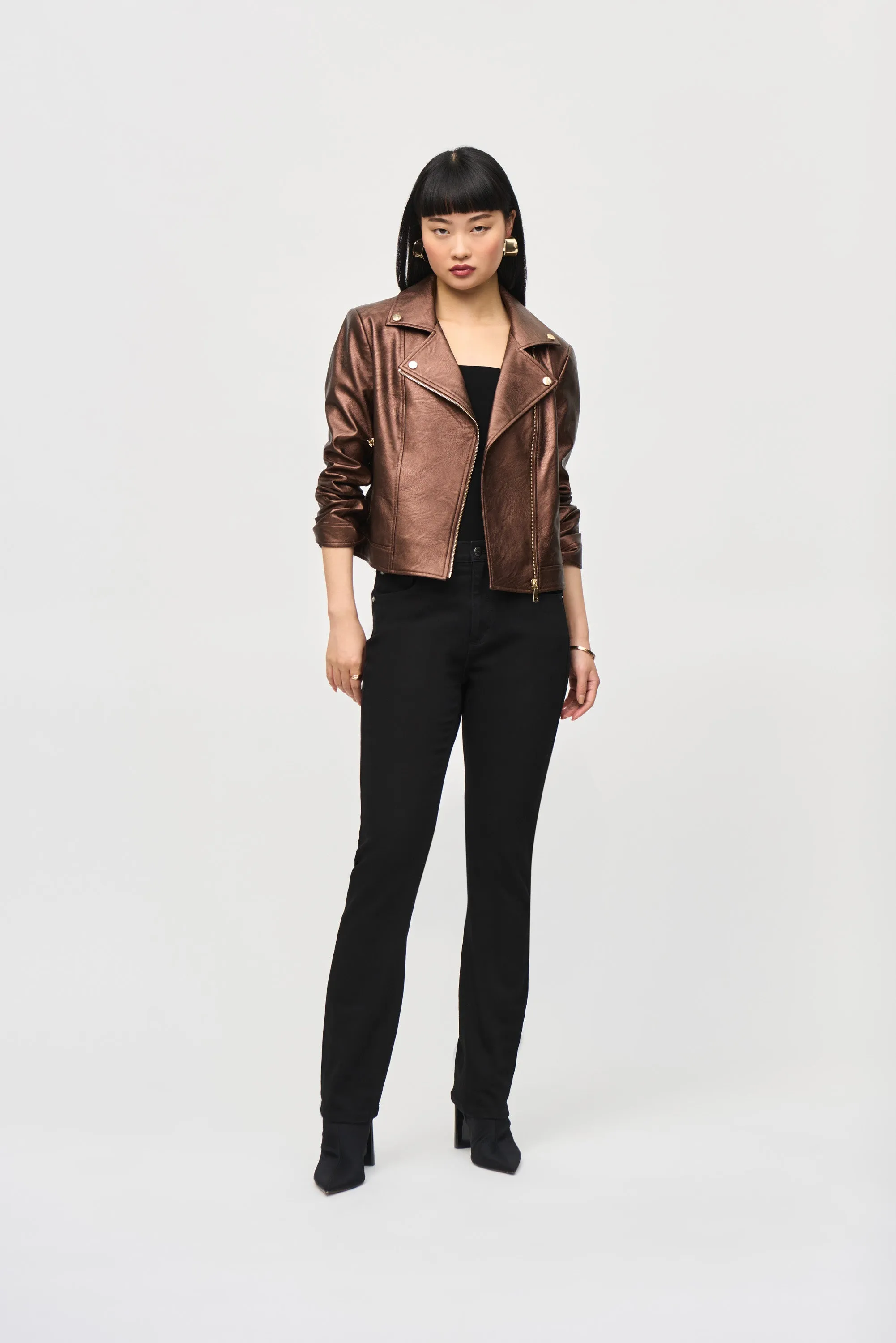 Mira Metallic Faux Leather Biker Jacket in Bronze- Joseph Ribkoff 234902F24