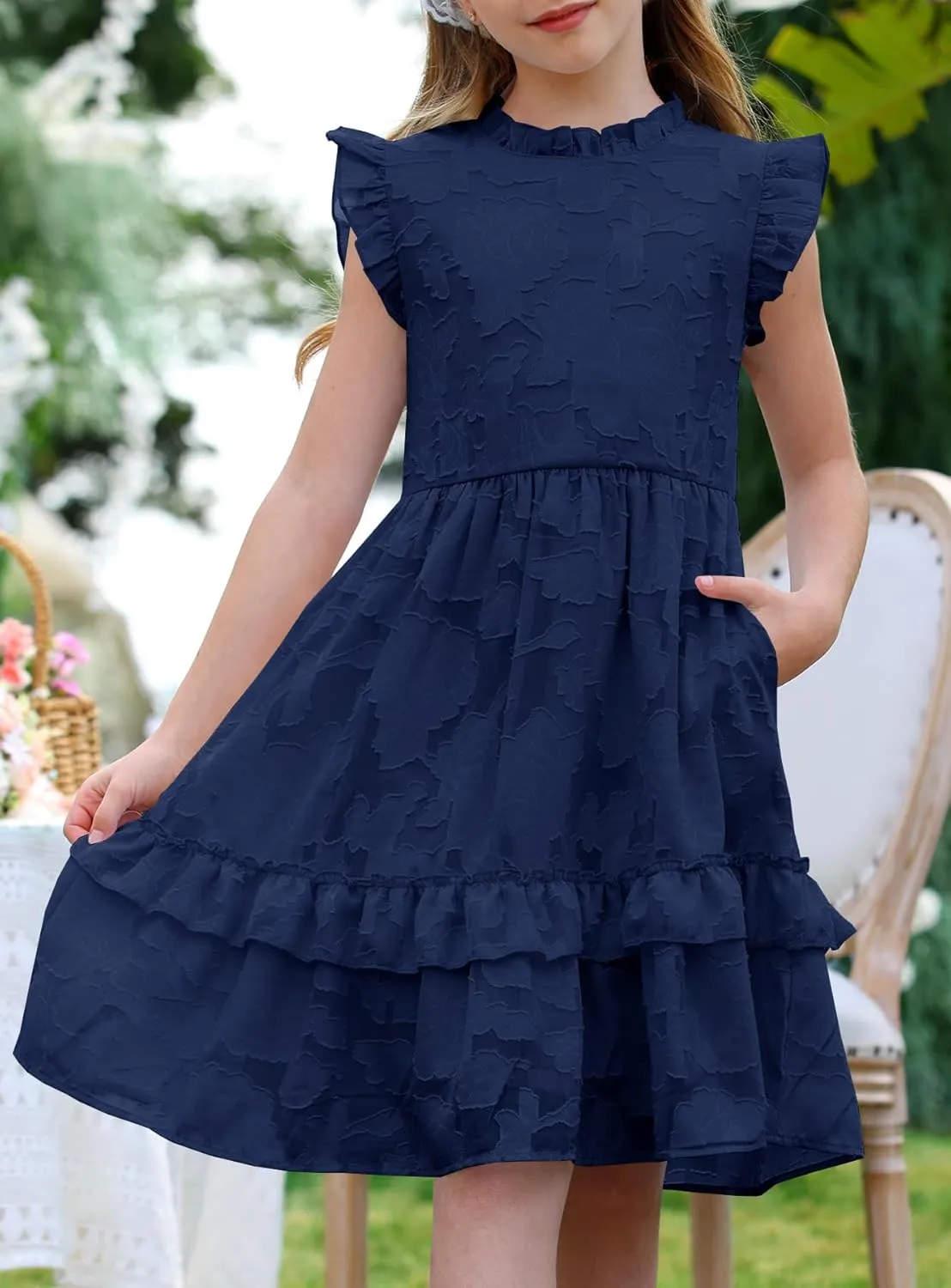 MITILLY Girls Summer Ruffle Dress Elegant Flutter Sleeve A Line Flowy Formal Party Mini Dresses with Pockets 6-13 Years