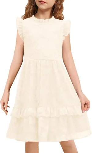 MITILLY Girls Summer Ruffle Dress Elegant Flutter Sleeve A Line Flowy Formal Party Mini Dresses with Pockets 6-13 Years