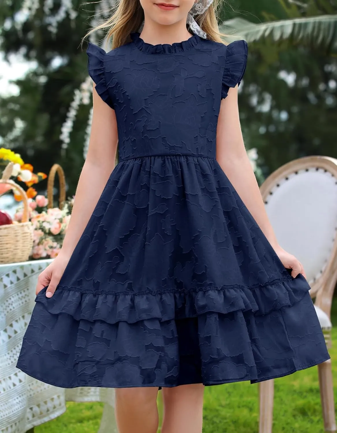 MITILLY Girls Summer Ruffle Dress Elegant Flutter Sleeve A Line Flowy Formal Party Mini Dresses with Pockets 6-13 Years