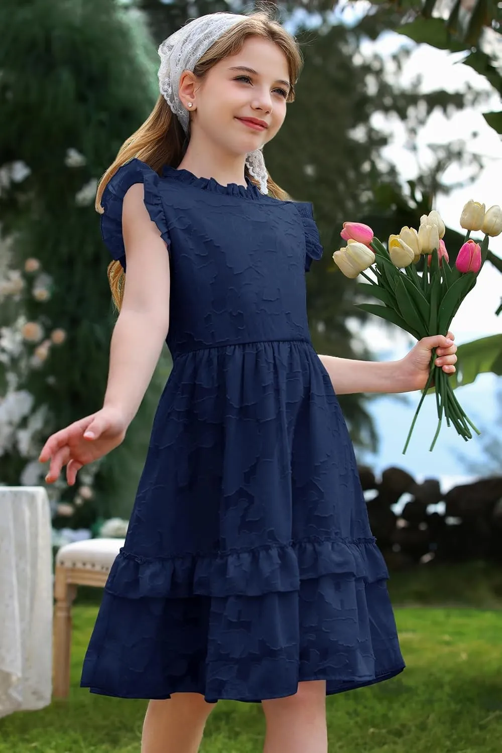 MITILLY Girls Summer Ruffle Dress Elegant Flutter Sleeve A Line Flowy Formal Party Mini Dresses with Pockets 6-13 Years