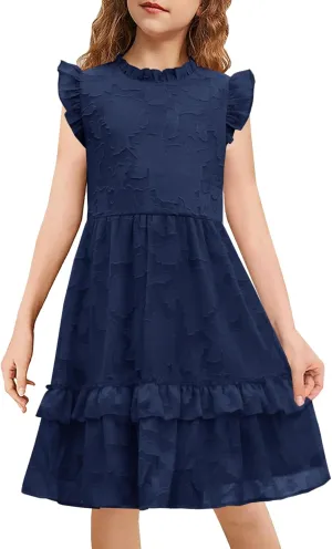 MITILLY Girls Summer Ruffle Dress Elegant Flutter Sleeve A Line Flowy Formal Party Mini Dresses with Pockets 6-13 Years
