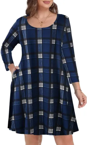 MONNURO Women's Plus Size Fall Dresses 3/4 Sleeve Casual Loose Fit Swing T-Shirt Dress with Pockets